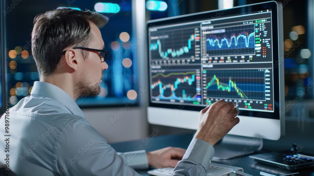 Poster professional analyzing financial data on computer screen