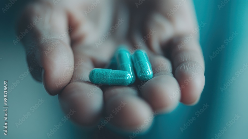 Poster teal capsules are being transferred from a bottle into the palm of a hand, illuminated by natural li