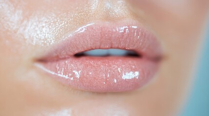 Fototapeta premium A detailed view of a professional lip blushing procedure, highlighting the vibrant, glossy look of enhanced lips in an aesthetic environment