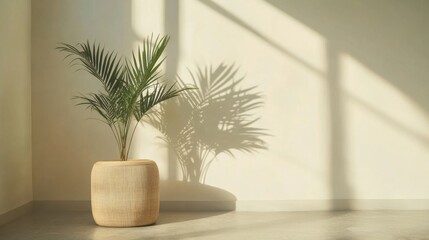 A lush green plant stands elegantly in a textured pot next to a wooden stool, casting a delicate shadow on the wall