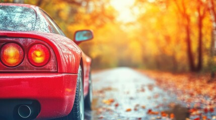 A sleek red sports car navigates a glistening forest road as the sun sets, casting warm hues over the autumn landscape