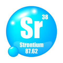 Strontium icon. Sr chemical element. Atomic number 38. Mass 87.62. Blue sphere.