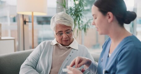 Senior woman, nurse and medicine for healthcare, support and wellness on sofa with empathy in office. Elderly person, pills and healing for mental health with geriatric worker, help and communication