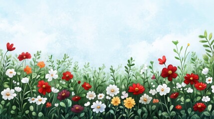 Obraz premium Colorful flowers against a soft blue sky