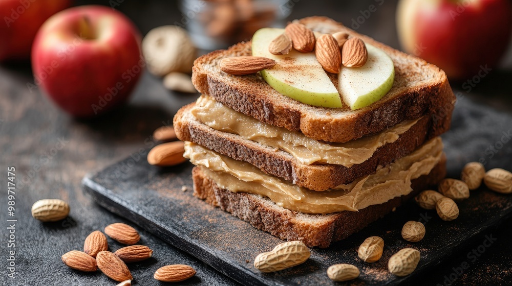 Poster Minimal Vector Design of Creative Breakfast Toast Stack with Peanut Butter and Apple Slices on Dark Concrete Table