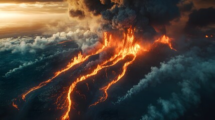 Fototapeta premium Aerial view of an erupting volcano, glowing lava rivers flowing through dark ash-covered slopes, thick plumes of ash rise into the sky, under dramatic lighting