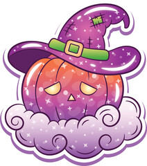Halloween cute pumpkin drawing with sparkling cloud without background