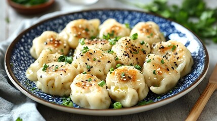 Delicious homemade dumplings served on a classic white plate, showcasing their savory filling and appealing presentation against a minimalist gray backdrop.