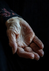 Fototapeta premium A close-up of an elderly hand, showcasing its intricate wrinkles and textures against a dark background, symbolizing age and experience.