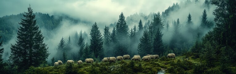 Fototapeta premium Misty fir forest with soft morning light filtering through the fog