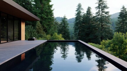 An infinity pool reflecting a panoramic view of dense forest and distant mountain ranges, beside a modern wooden house..