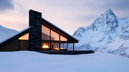 Fototapeta premium A modern cabin with a large stone chimney and warm fireplace, offering a panoramic view of a snow-covered mountain landscape at sunset.