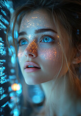 A close-up portrait of a woman with glowing facial effects, blue eyes, and ethereal background lights, creating a dreamy and futuristic atmosphere.