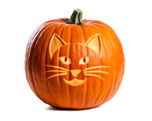 Obraz premium Carving a cat-shaped pumpkin on transparent or white background.