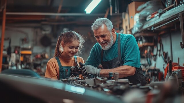 A father teaches his teenage daughter car repair skills in their well-equipped garage
