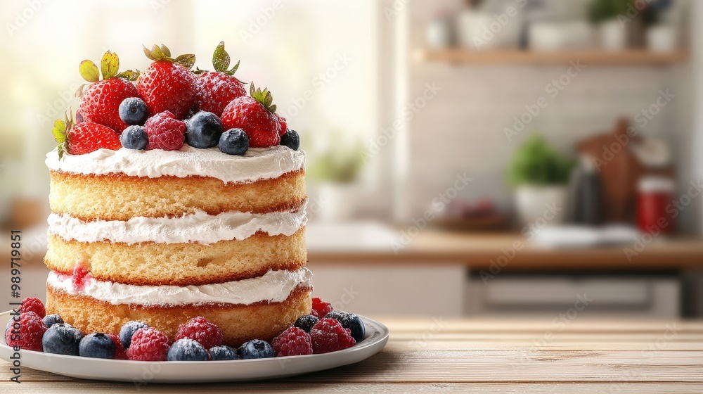 Poster elegant layered berries and cream sponge cake on wooden table in rustic kitchen cafe setting - minim