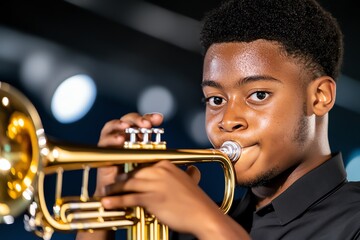 Obraz premium A close-up of a trumpet playerâ€™s face, with their cheeks puffed out and fingers expertly pressing the valves