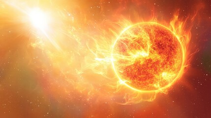 Fototapeta premium Celestial Energy Burst: Sun with Solar Flares in Geomagnetic Storm on Pastel Cosmic Background