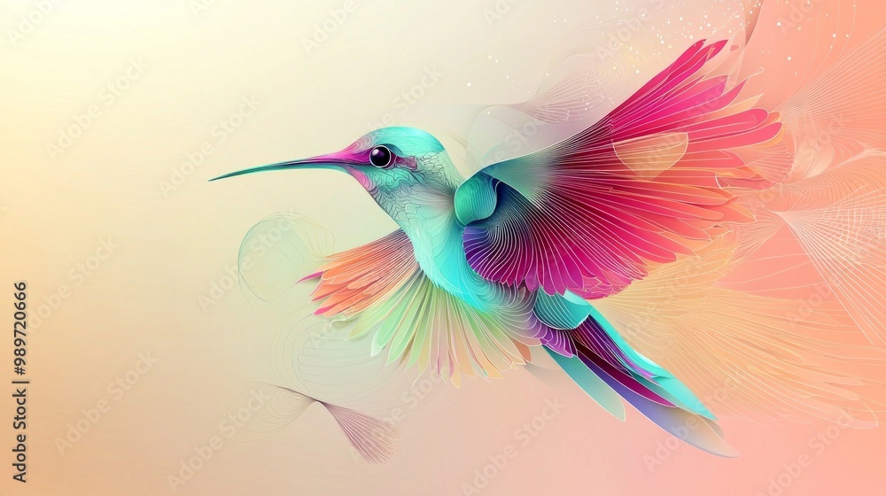Poster stunning representation of a hummingbird designed in an abstract paper style, featuring dynamic laye