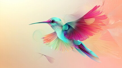 Obraz premium stunning representation of a hummingbird designed in an abstract paper style, featuring dynamic layers in greens, blues, and pinks against a light pastel background, evoking a sense of flight.