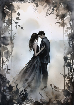 couple bride and groom embrace in the park watercolor style illustration romantic gothic wedding invitation card background grey black beige moody book cover design