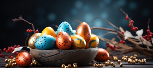 Colorfully decorated Easter eggs in a rustic bowl surrounded by festive decorations