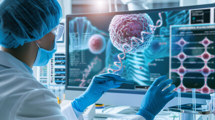 Dedicated scientist analyzing DNA sequences on advanced digital display for groundbreaking cancer research. Innovative laboratory equipment and detailed medical charts support complex genetic studies