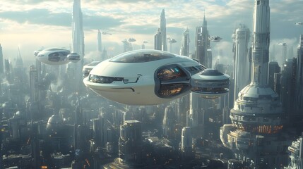 Images of futuristic flying vehicles navigating neon-lit city skies