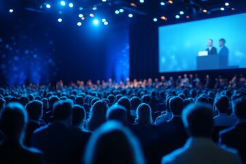 Business and entrepreneurship symposium. Speaker giving a talk at business meeting. Audience in the conference hall. Rear view of unrecognized participant in audience.