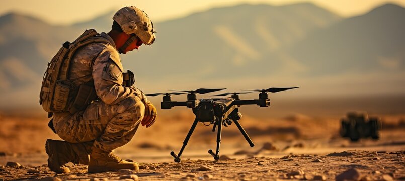 Soldier monitors drone operations during sunset in a desert environment