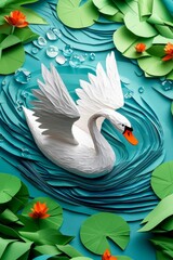 serene piece captures a swan in mid-glide on a calm lake, accented by lush lily pads and gentle water ripples under warm afternoon light.