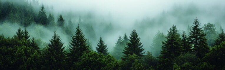 Fototapeta premium Misty fir forest with soft morning light filtering through the fog