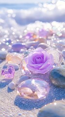 A picturesque view of a beautiful white sand beach featuring an array of crystal-clear colorful pebbles, oval-shaped stones, and light purple glass translucent roses. 