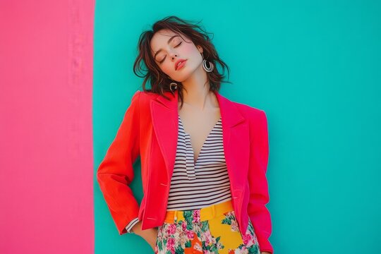 Fashionable Woman in Bold Colorful Outfit Against Vibrant Background
