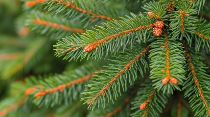 A close-up of evergreen tree branches with small orange cones, showcasing the delicate texture and intricate details of nature