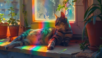 A digital illustration of a cat lounging in a rainbow of colors streaming through a window