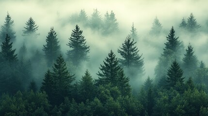 Misty fir forest with soft morning light filtering through the fog