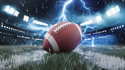 A football on a stadium field in the midst of an intense thunderstorm. Dramatic atmosphere with lightning in the background.