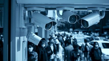 Naklejka premium Surveillance cameras outside a building, monitoring a busy city street full of pedestrians.