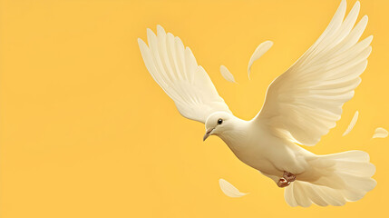 Fototapeta premium White Dove Soaring Through Yellow Sky, Copy Space for Your Message