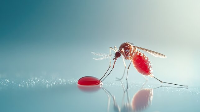 Close-Up of a Mosquito After Feeding, with a Droplet of Blood Highlighting Virus Transmission in a Clean
