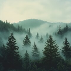 Fototapeta premium Misty fir forest with soft morning light filtering through the fog