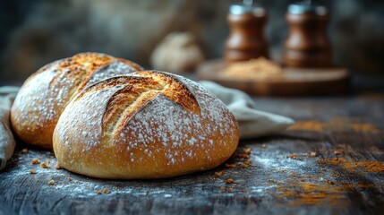 A close-up shot of a freshly baked, crusty bread roll dusted with flour, sitting on a rustic wooden surface The warmth and golden hues of the bread are enhanced by the soft, diffused light