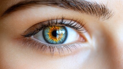 Obraz premium A close-up shot of a human eye with intricate detail and a captivating color pattern in the iris, revealing the beauty and complexity of this essential sensory organ