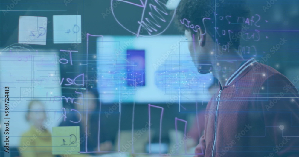 Poster writing on transparent board, young professional over digital data processing image