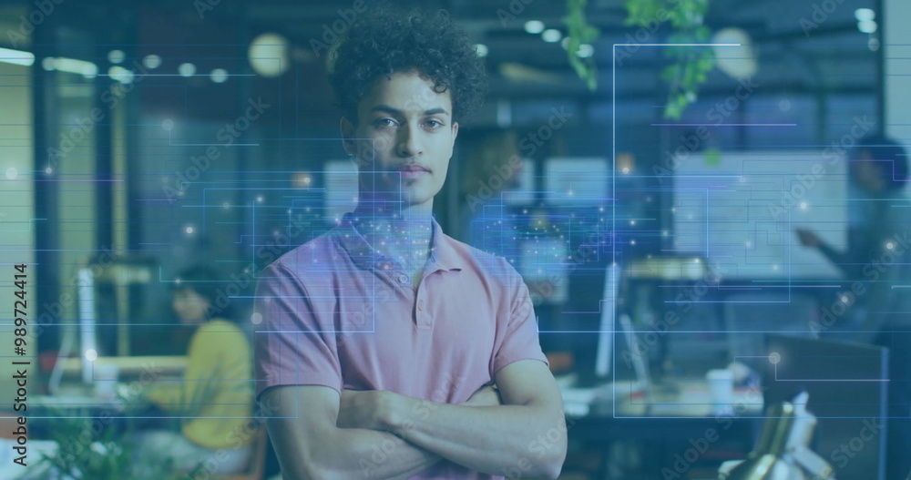 Poster Cross-armed man in office with digital data processing image over him