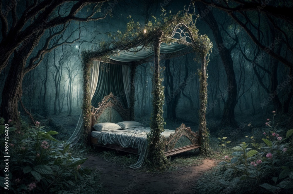 Poster elegant canopy bed entwined with vines in a mystical forest setting, creating a dreamy and magical a