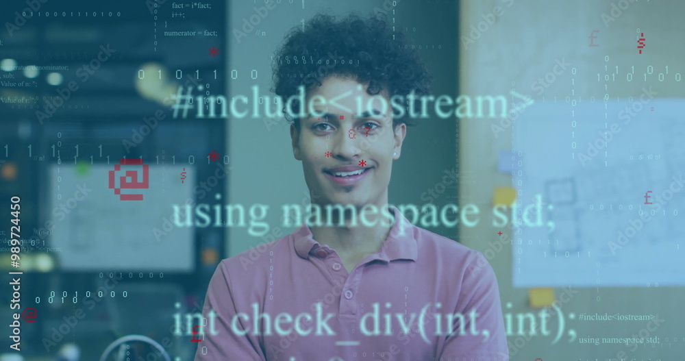 Poster binary code and data processing image over smiling young man in office
