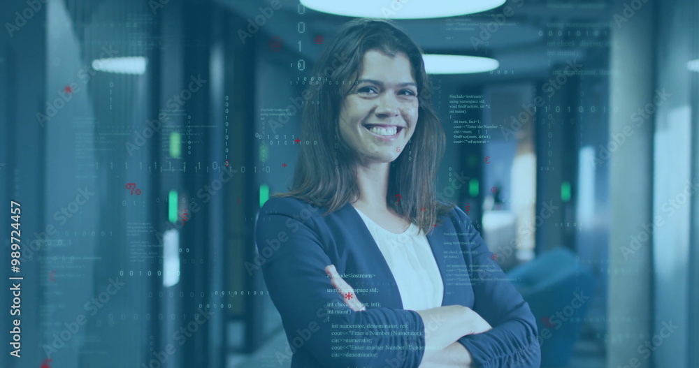 Poster smiling woman with crossed arms over programming code image in office environment