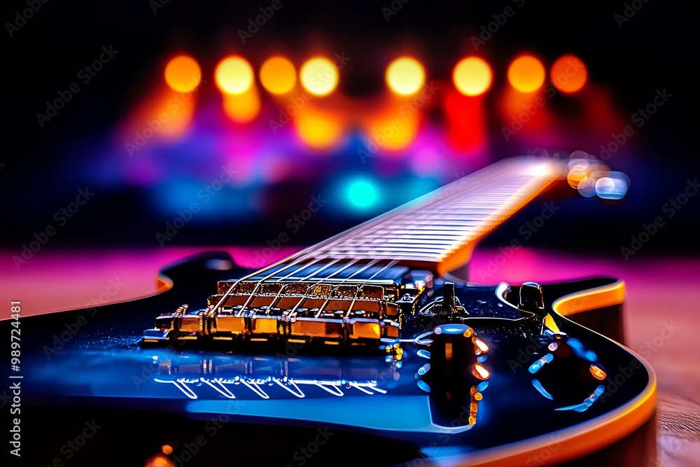 Wall mural a close-up of an electric guitarâ€™s strings and frets, with a soft focus on the background of a col